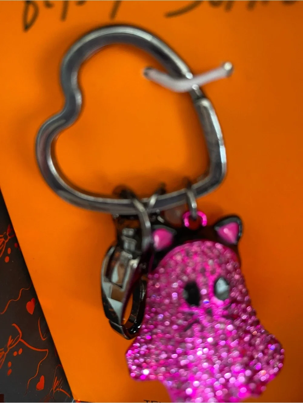 Betsey Johnson Hot Pink Crystal Ghost Cat NIB Keychain with Black Tassel